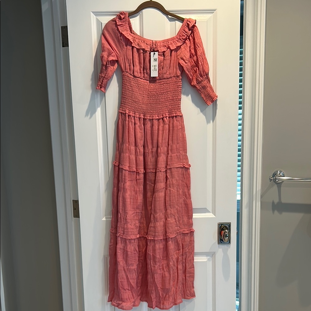 BB Dakota Pink Ruffled Tiered Off-Shoulder Maxi Dress